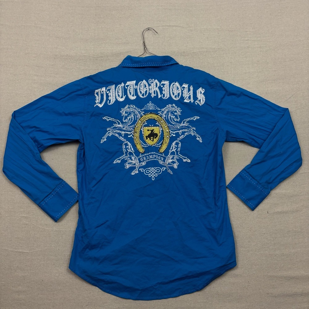 Victorious Mens Long Sleeve Button Up‎ Shirt Embroidered Blue Horseshoe Size M